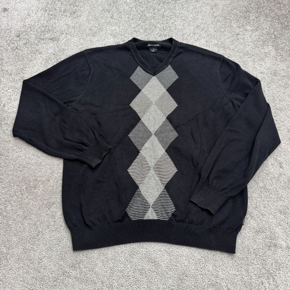Pierre Cardin Pullover Sweater Mens Larg Black Argyle V-Neck Cotton Stretch Knit